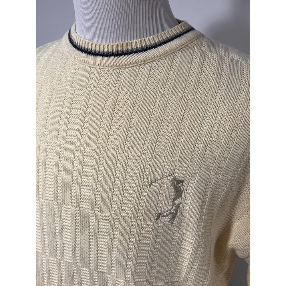 Vtg Carmel Cotton Knit Sweater Cream Yellow Blue Trim Golfer Made in USA L Golf - Picture 2 of 11